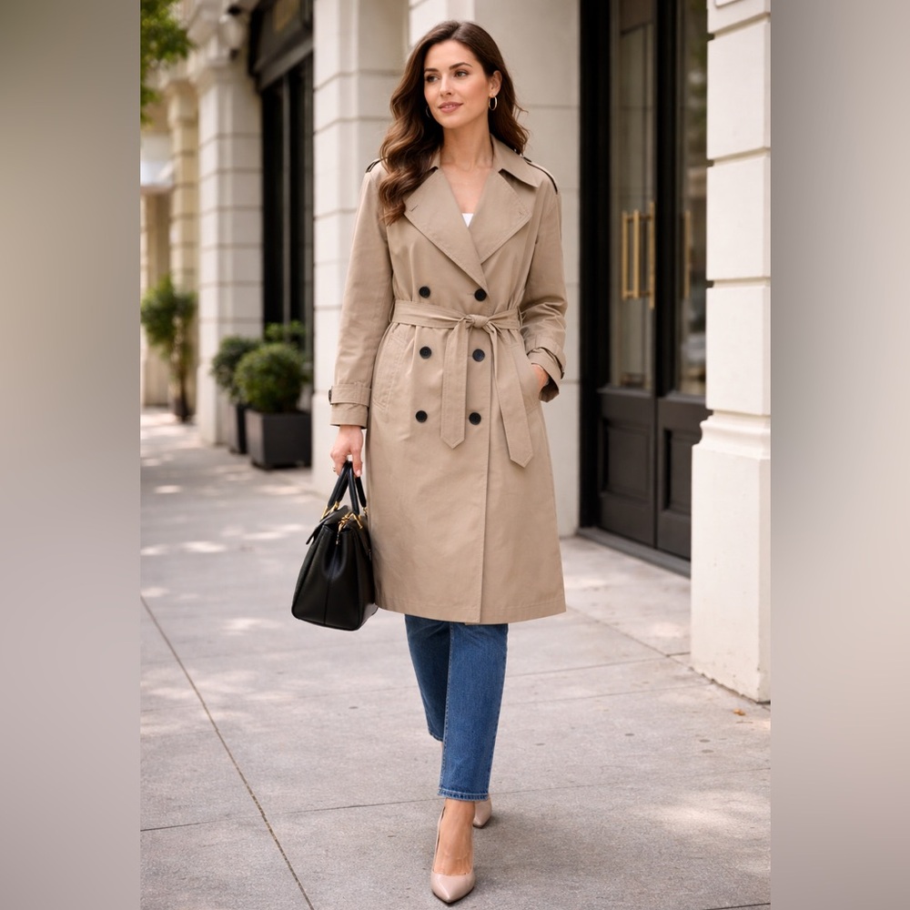 ZARA Classic Double-Breasted Trench Coat Small Beige Camel Belted